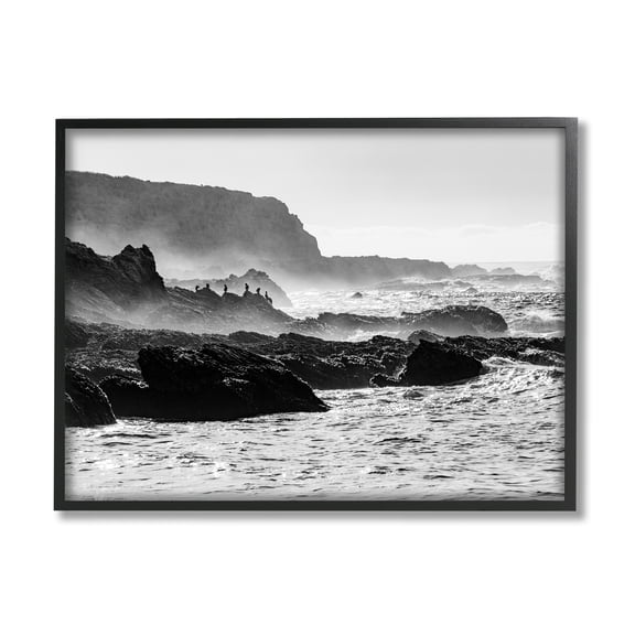 Stupell Industries Rocky Ocean Shoreline Waves Distant Birds Perched Photograph Black Framed Art Print Wall Art, Design by Steve Smith