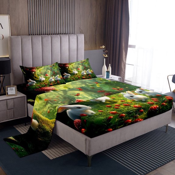 Erosebridal Bunnies Print Sheet Set Twin, Rustic Butterfly Bedding Sets Twin Size, Botanical Decor, 3pcs