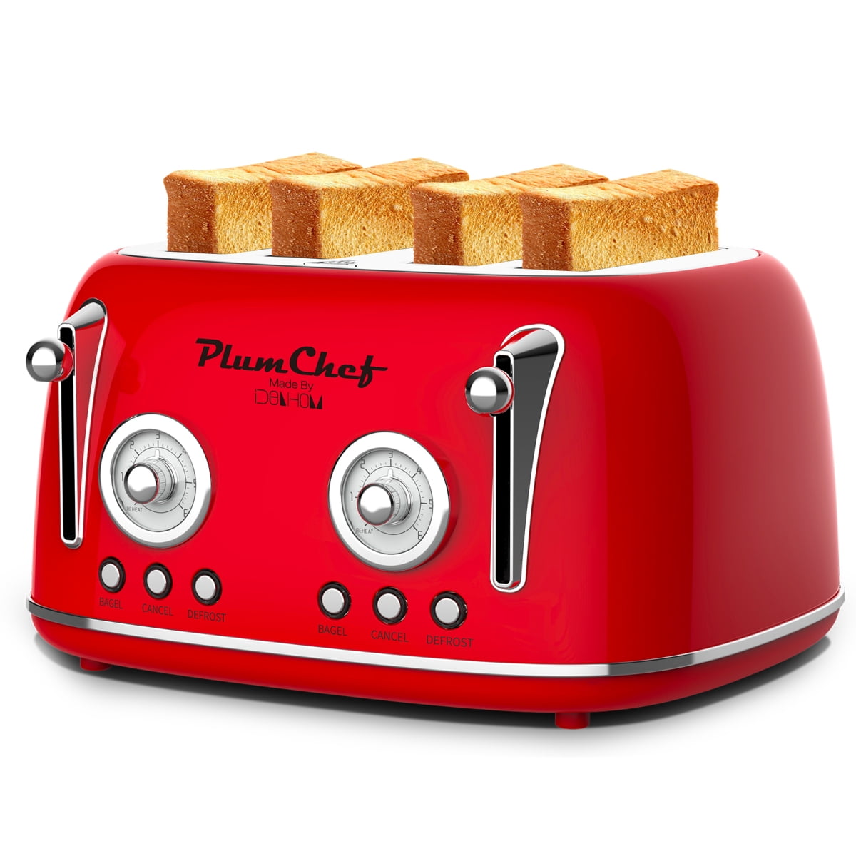 Red Retro 4-Slice Toaster - Dual Control with Warming Rack, 6 Browning Settings & Bagel/Defrost Functions (1650W Stainless Steel)