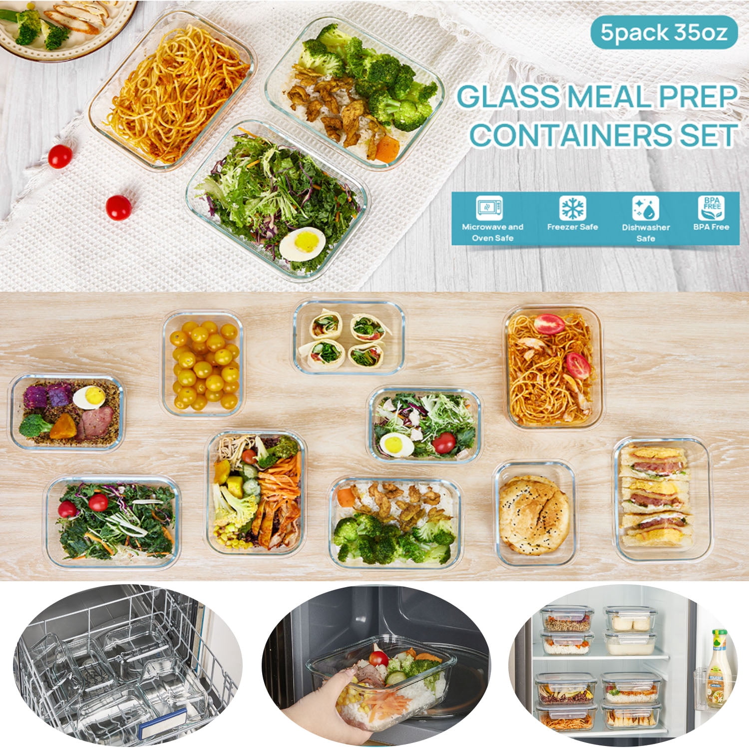 Meikd 5-Piece 35-Ounce Glass Food Storage Container Set (with Lids) Food-Grade Glass Storage Containers Airtight & Reusable Lunch Box Set Safe for Oven, Microwave, Freezer, and Dishwasher Use