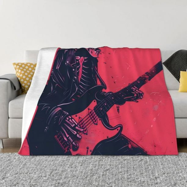 Fotbe Rock Skull Guitarist Manta de Franela con Estampado, Manta Ultrasuave para Cama, Sofá, Auto, Hipoalergénica y Antibolitas-50"x40"