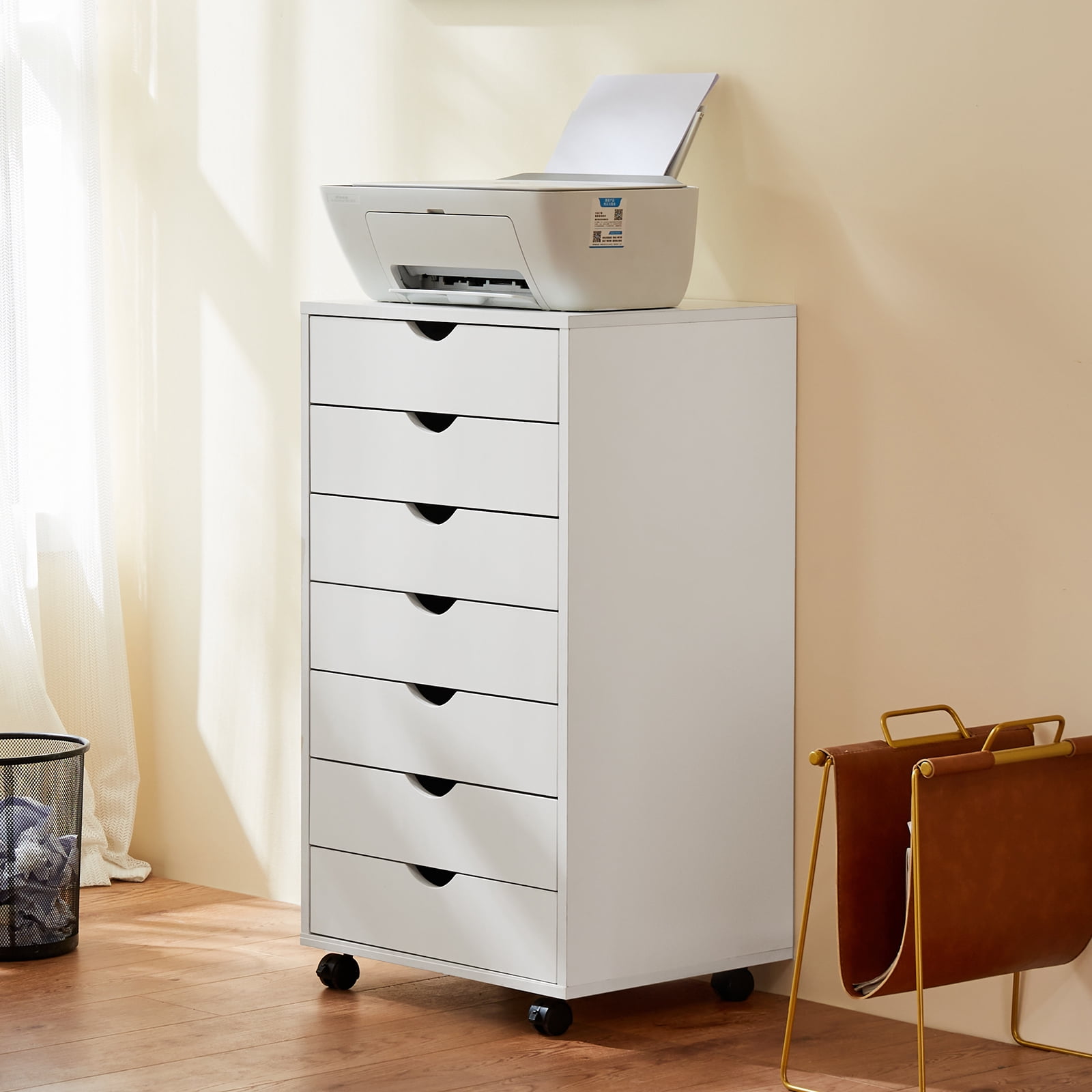 EDX 7 Drawer Chest File Cabinet, Mobile Storage Organizer Wood Dresser Printer Stand for Home Office, White