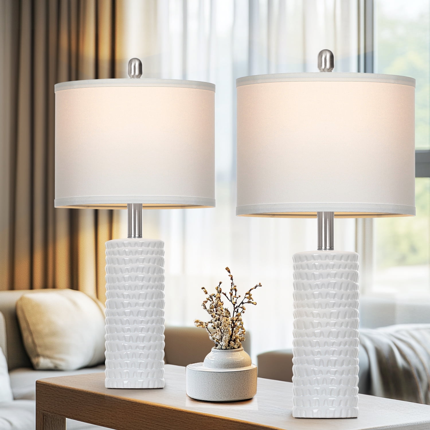 Cinkeda Ceramic Table Lamps Set of 2 for Living Room Bedroom 24" Modern Farmhouse Bedside Nightstand Lamp with White Shade