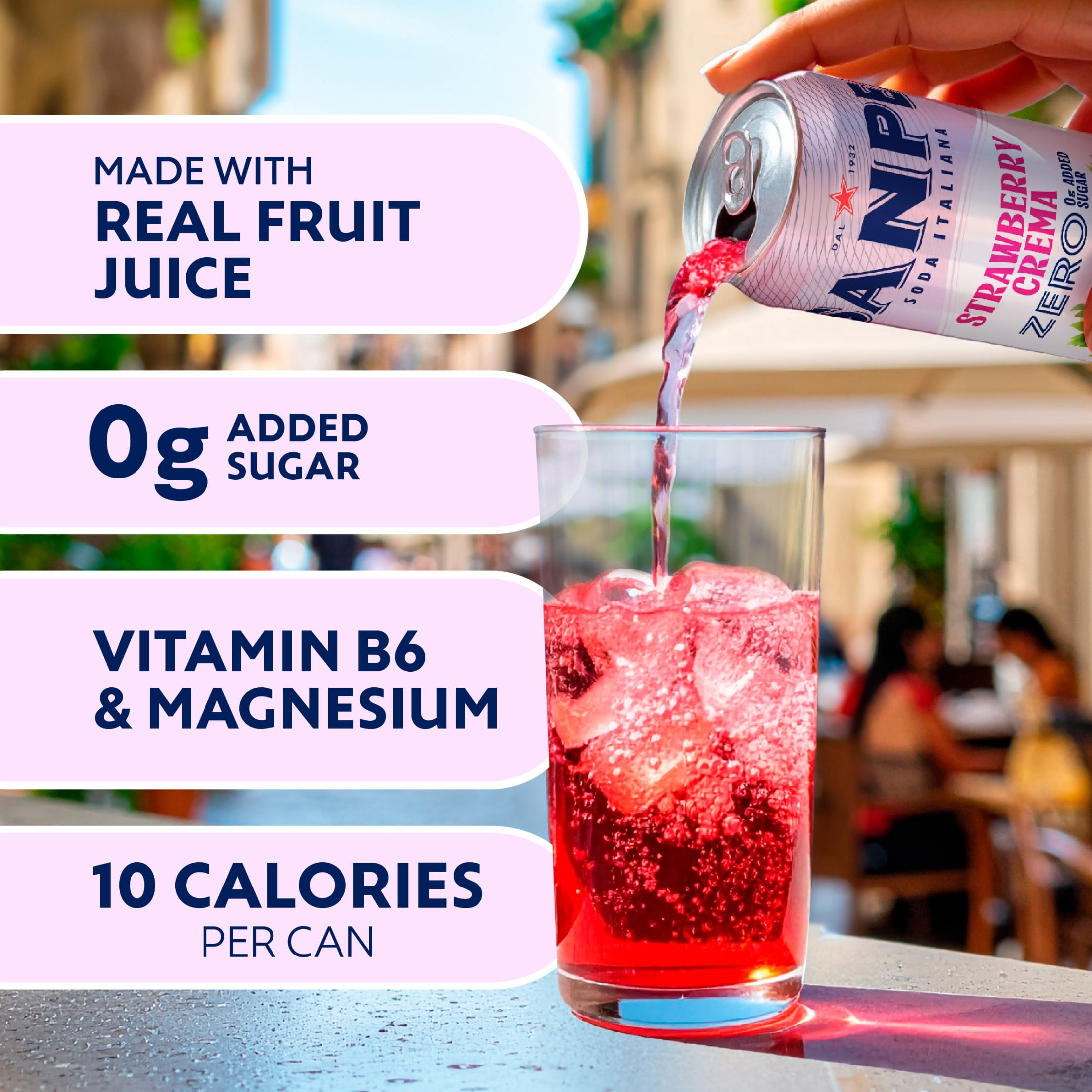 Sanpellegrino Soda Italiana Strawberry Crema, Low Calorie Zero Added Sugar Italian Soda, 6 Pack Cans
