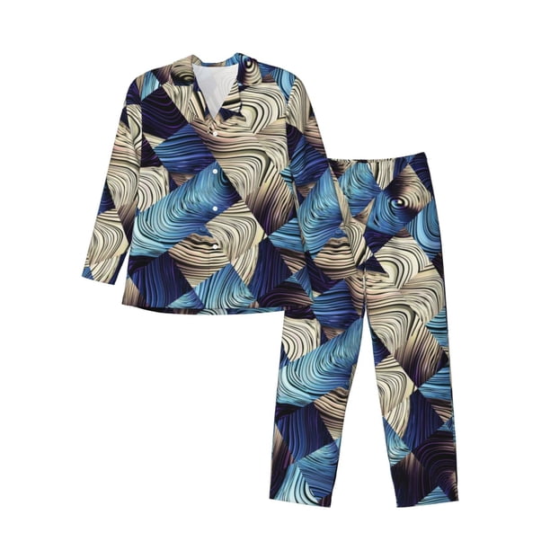 Balery Abstract Blue Squares Pijama para Hombre de Dos Piezas con Manga Larga, Conjunto de Dormir y Descanso Suave con Bolsillos-Large