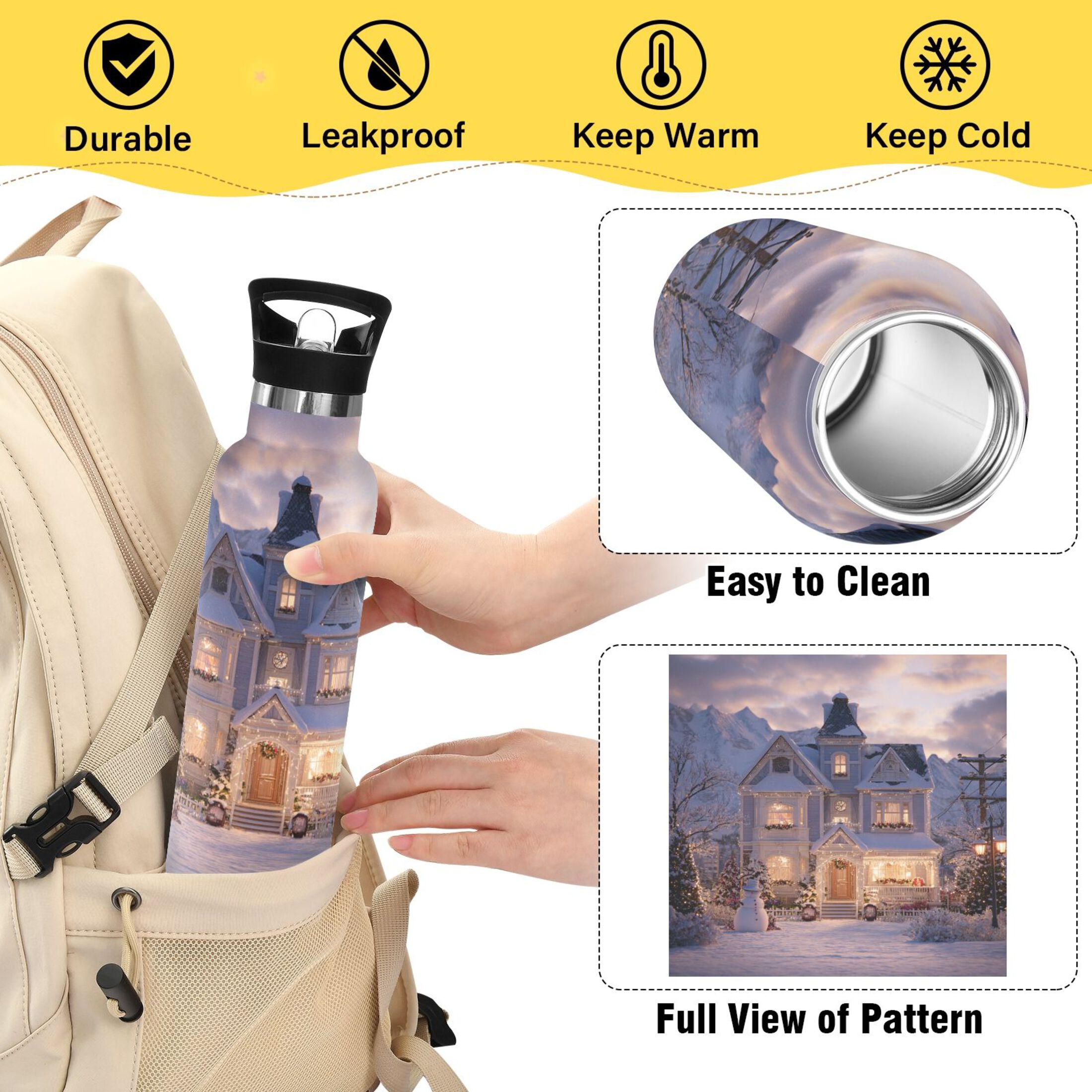 600ML Stainless Steel Insulated Cup Sports Water Bottle Portable Thermos Cup Water Glasses Insulated Tumblers Convenient and Durable Warm Christmas House