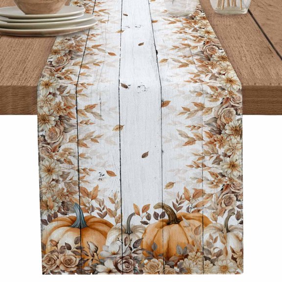 nqOlkjepod Orange Pumpkins Fall Table Runner 108 Inches Long Farmhouse Dress Scarves, Thanksgiving Leaves Floral Wooden Dining Tablerunner for Coffee Table/Kitchen Island/Party Décor, 13" x 108"