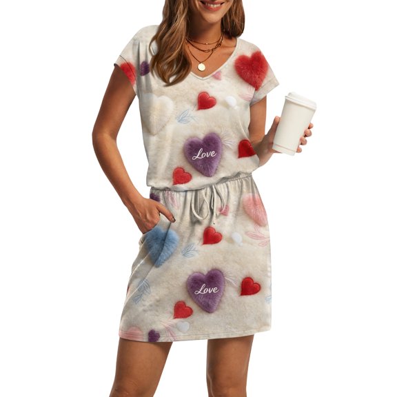 Women s V Neck Short Sleeve Casual Dress Drawstring Waist Pockets Valentine Heart Print Soft Comfortable Loungewear Nightgown for Home Daily Use Multiple Colors