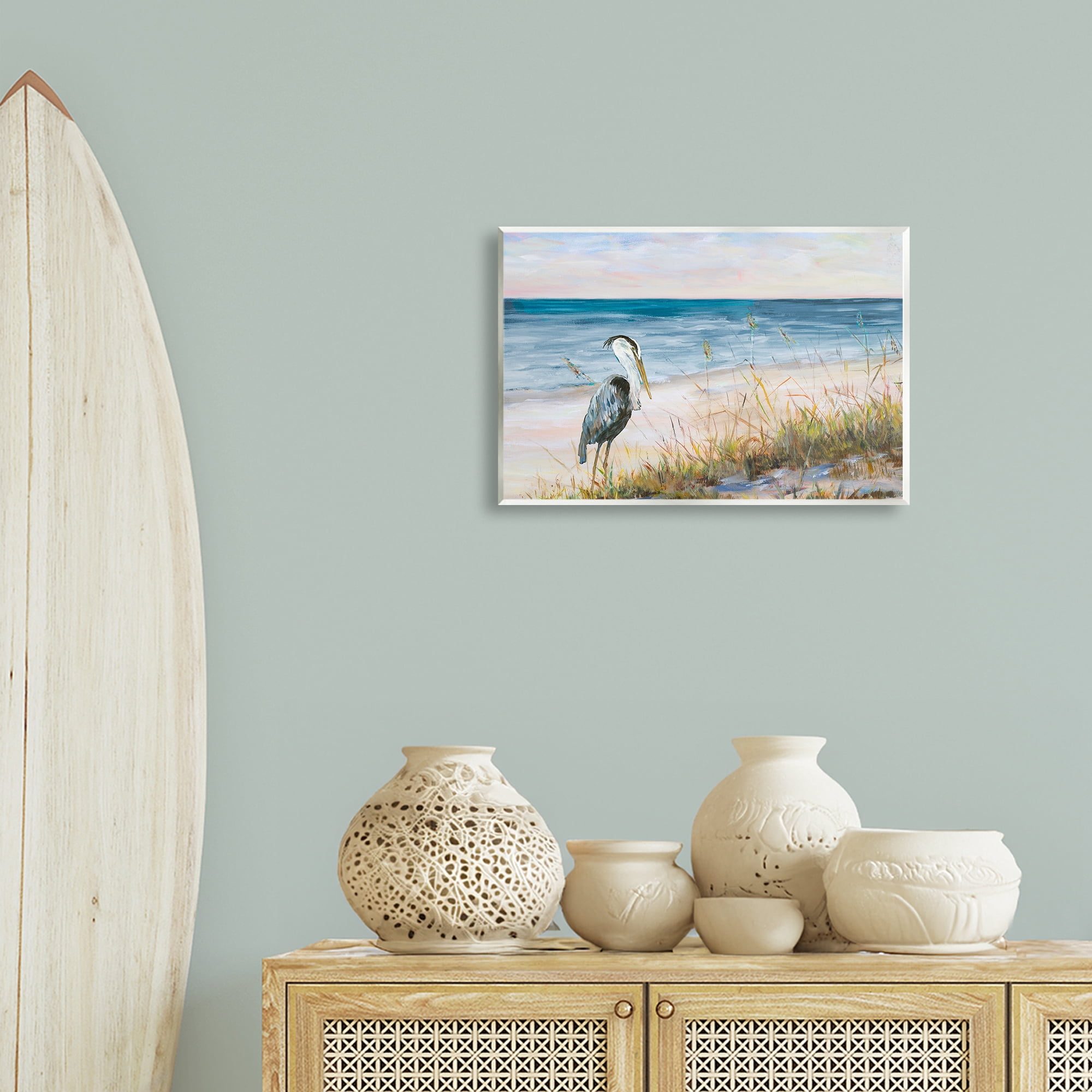 Stupell Industries Calm Pelican on Beach Landscape Painting Unframed Art Print Wall Art, 19 x 13