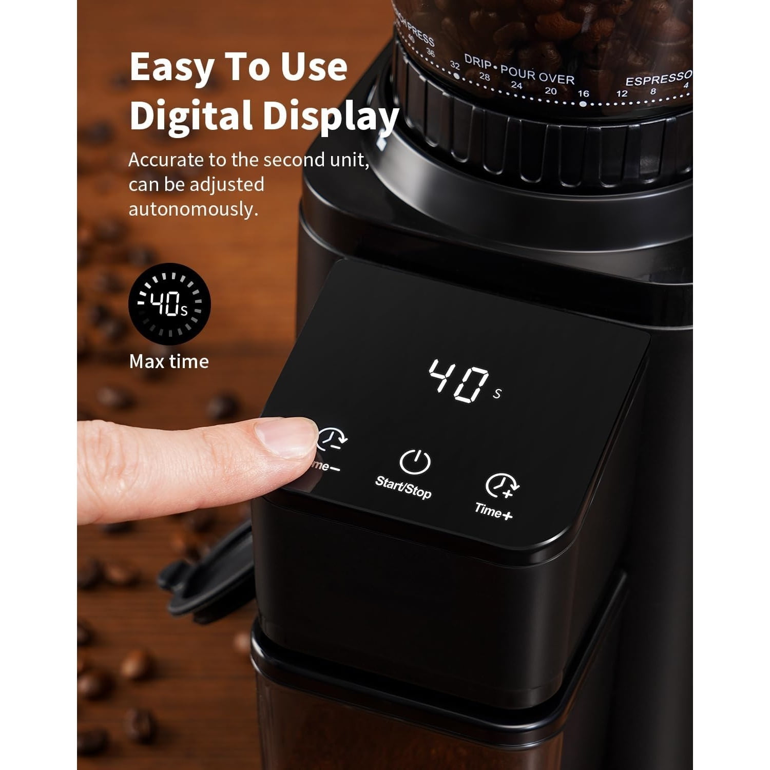 Professional Conical Burr Coffee Grinder, Coffee Bean Grinder with 48 Grind Settings for Espresso, Drip & French Press, Upgraded Anti-Static Technology, Precision Timer, Black