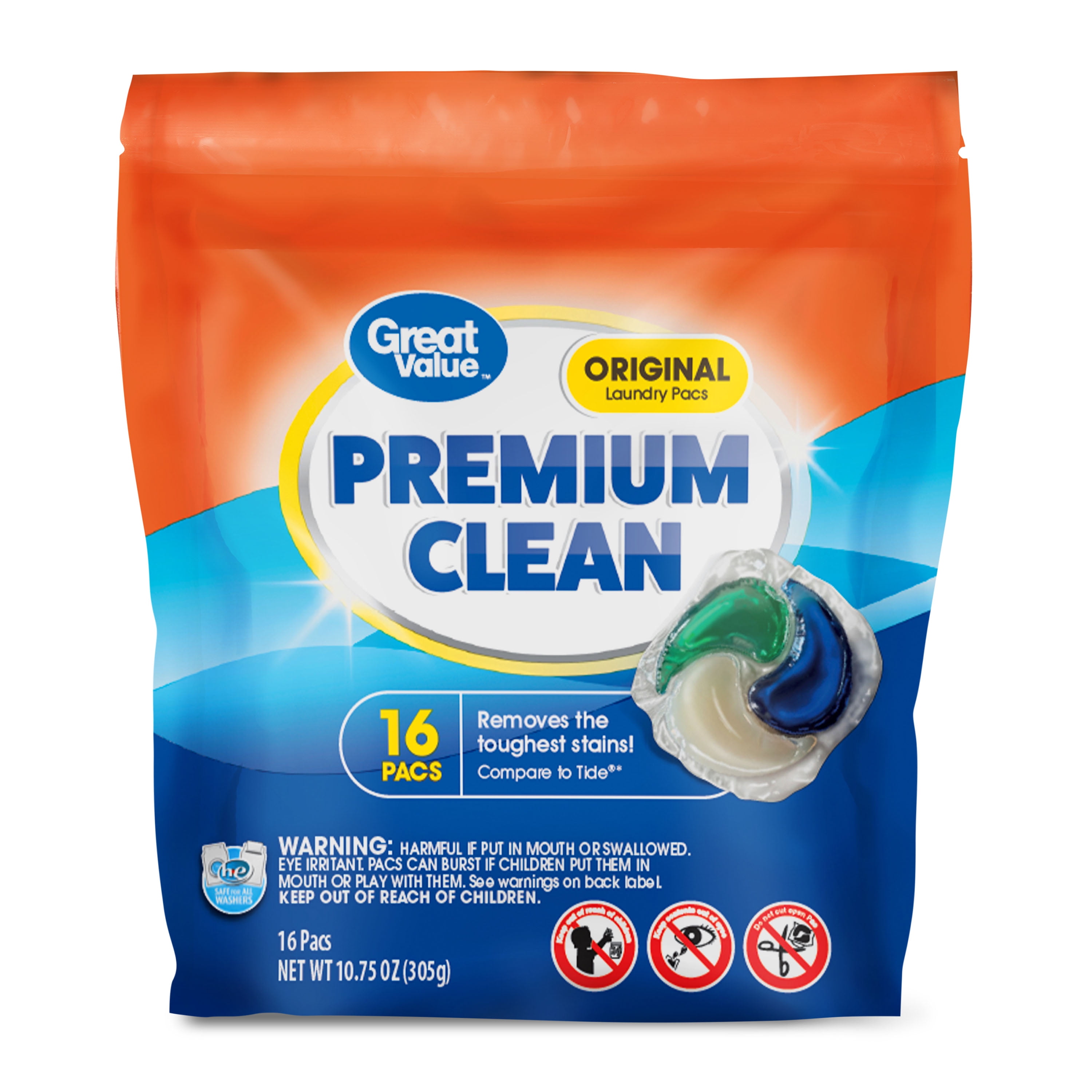 (6 pack) Great Value Premium Clean Laundry Pacs Original Scent, 16 Count