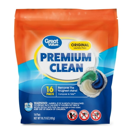 Great Value Premium Clean Laundry Pacs Original Scent, 16 Count