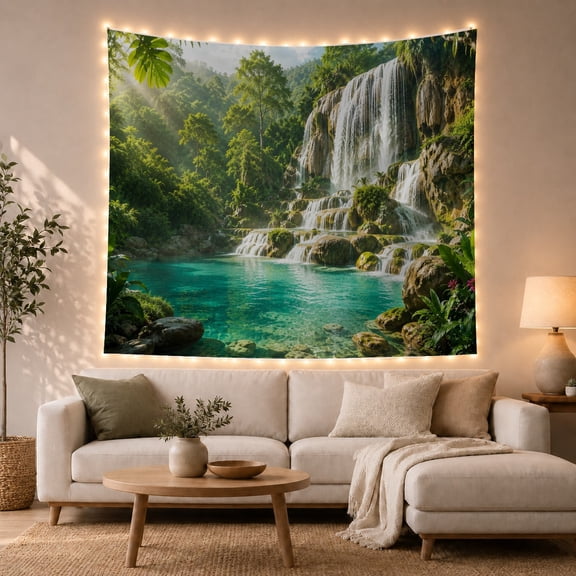 Tropical Waterfall in Lush Jungle, Calming Watercolor for Nature Lovers, Rainforest Nature Art Decor, Housewarming Gift Tapestry Wall Hanging for Bedroom and Living Room