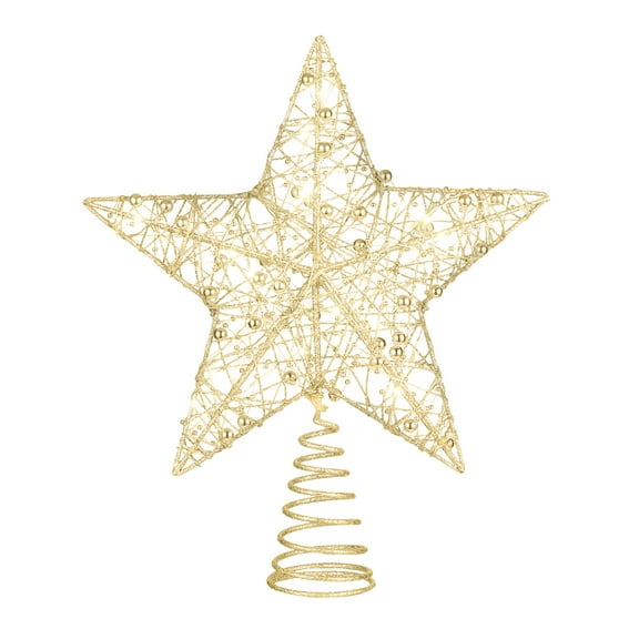 LOLIPPYY STOBOK 25 x 30cm Christmas Tree Iron Topper Star Glitter Treetop Star with String Lights Christmas Party Decoration (Golden)