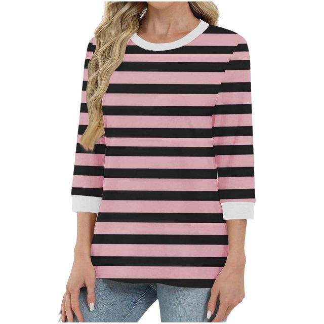 Soki Womens 3/4 Sleeve Striped Crewneck T-Shirts Color Block Short Sleeve Tops Casual Basic Tee