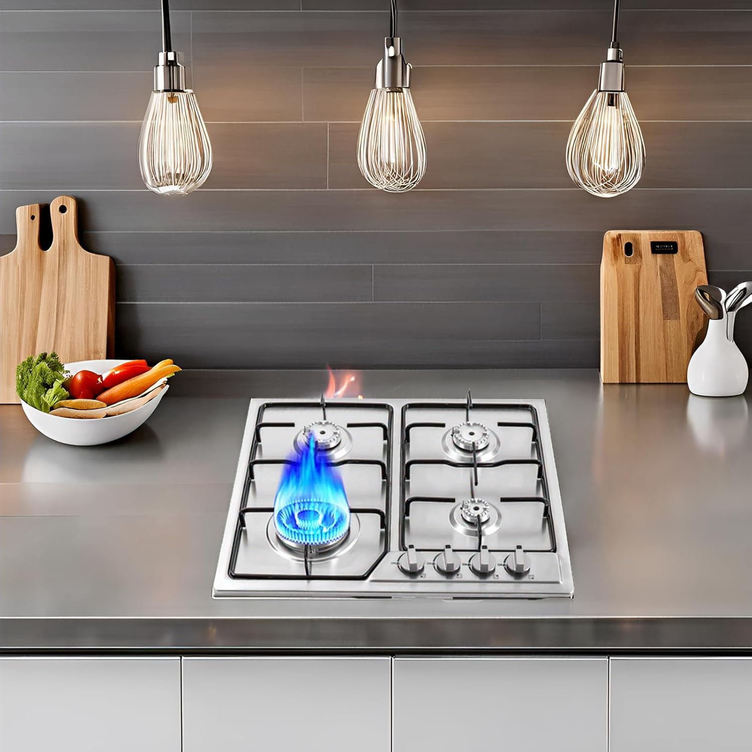 4 Burners Built in Gas Stovetop Cooker Gas Range Portable Stainless Steel Cooktop LPG/NG Dual Fuel Cast Iron Grate Gas Stove Kitchen Cooking Stove for Home RV Outdoor Apartment Silver