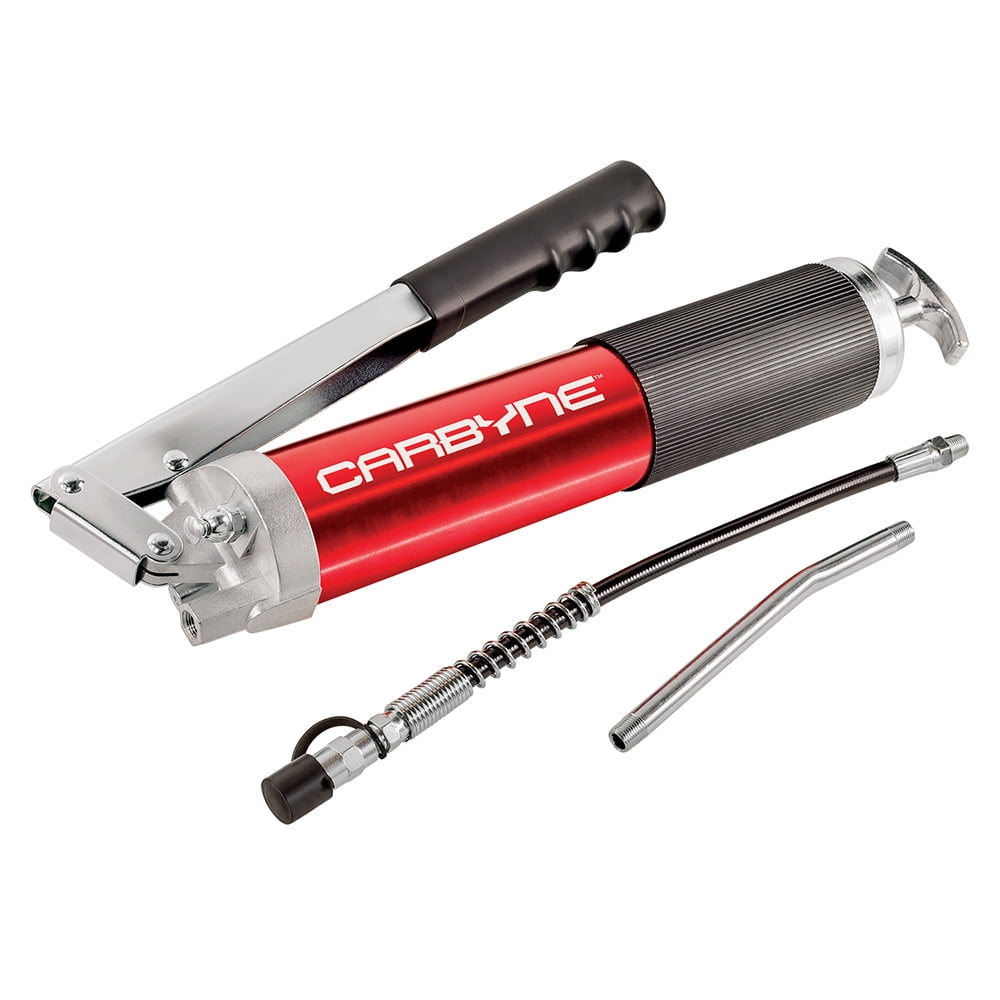 Carbyne Grease Gun, Lever Handle, Anodized Aluminum Barrel, 3-Way Loading, 12 in. Flex Hose, 6 in. Rigid Extension, Coupler, for Zerk Fittings