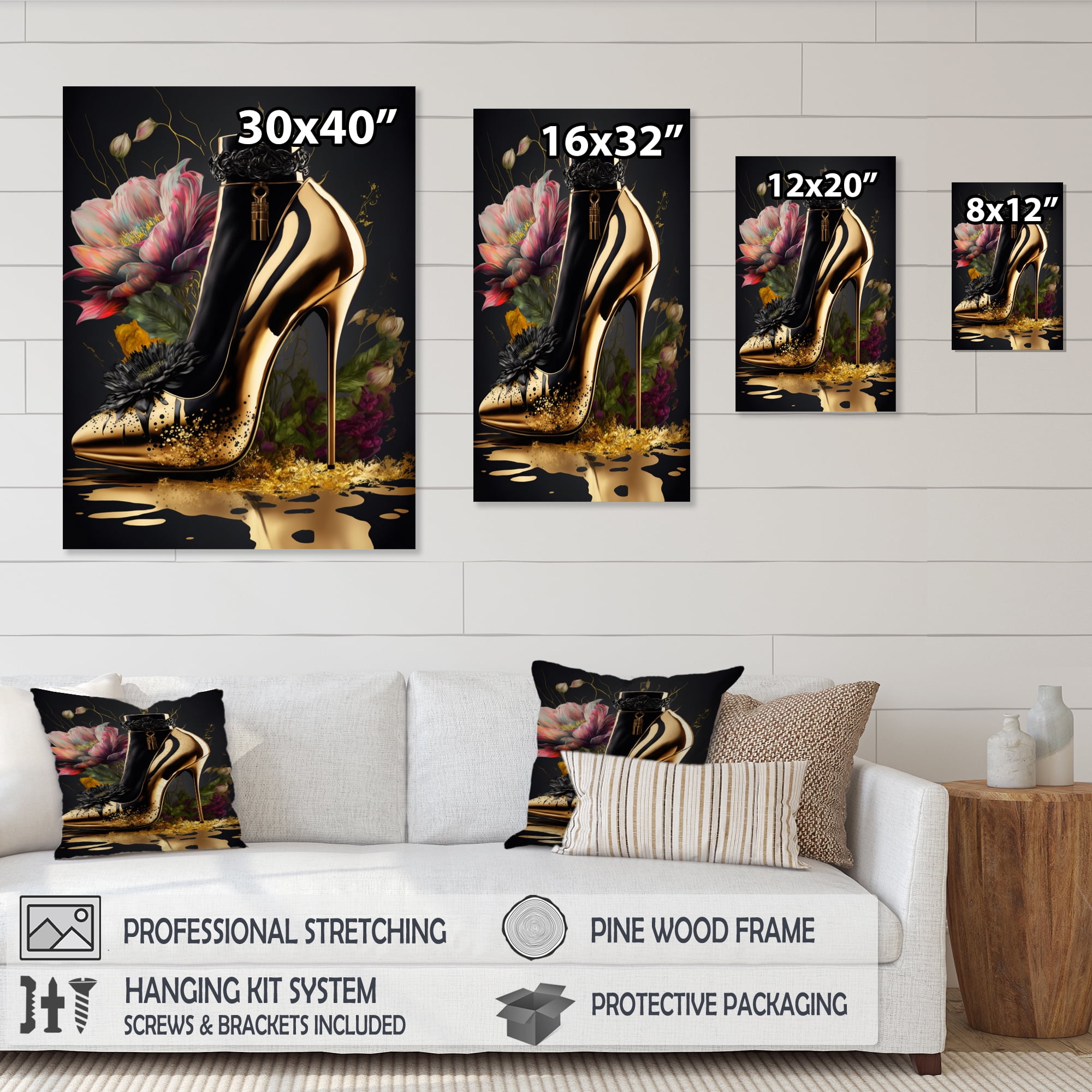 Designart Golden Floral High Heel II Canvas Wall Art