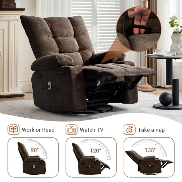 GloryStar Fauteuil Inclinable Pivotant Manuel avec Massage, Chaise Berçante Rotative à 360°, Cuir PU, Coussin Très Rembourré pour le Confort du Salon