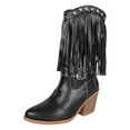 thumbnail image 6 of Rokment Womens Fringe Wide Mid Calf Cowboy Boots Winter Fall Fashion Buckle Leather Chunky High Heel Western Cowgirl Riding Booties, 6 of 8