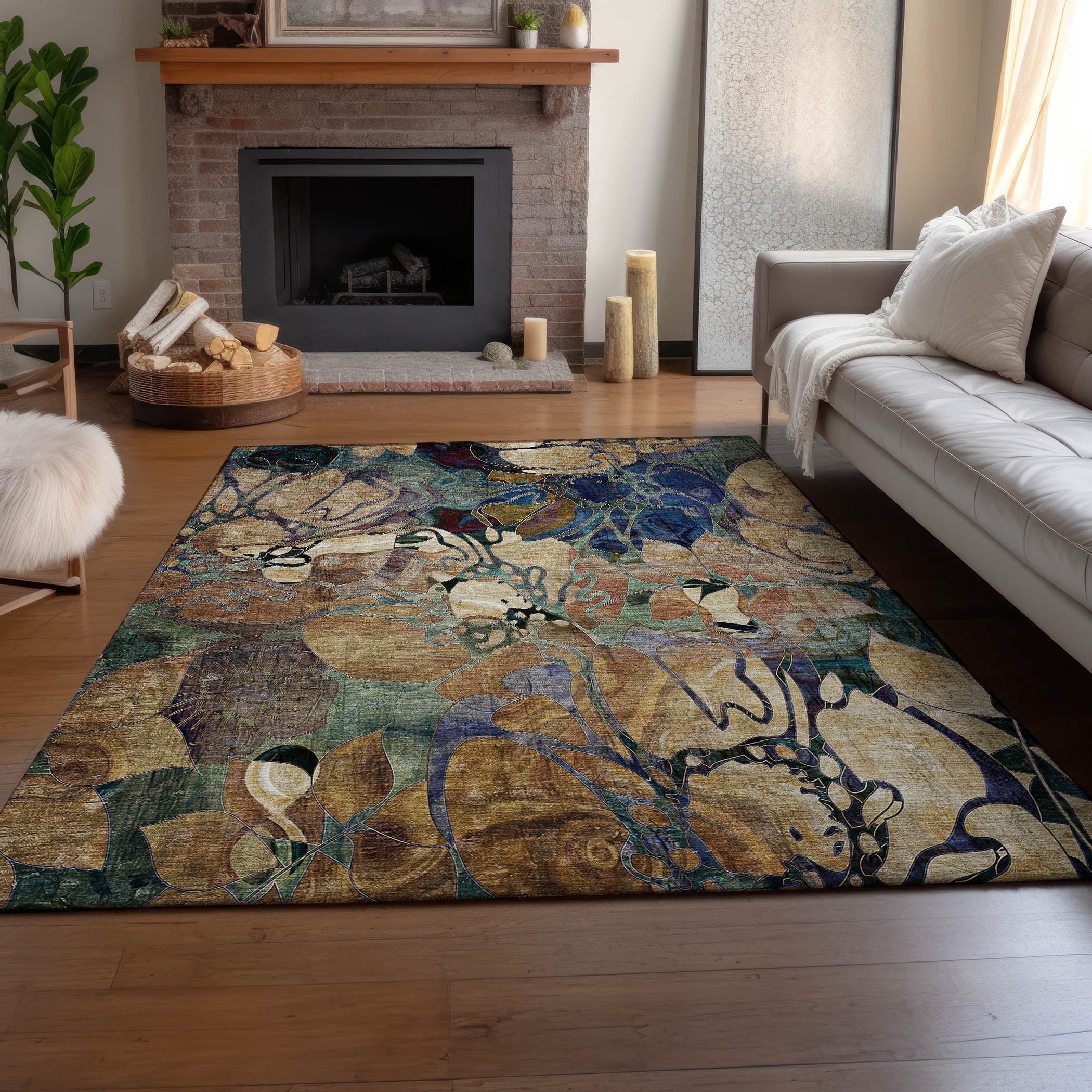 Addison Rugs Mayfield Washable Transitional Floral Beige Rectangle Rug, 10' x 14'