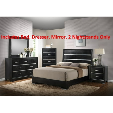 5 Piece Dessert Set - Heinrik 5 Piece Black Wood Queen Size Contemporary Bedroom Set (Bed, Dresser & Mirror, 2 Nightstands)