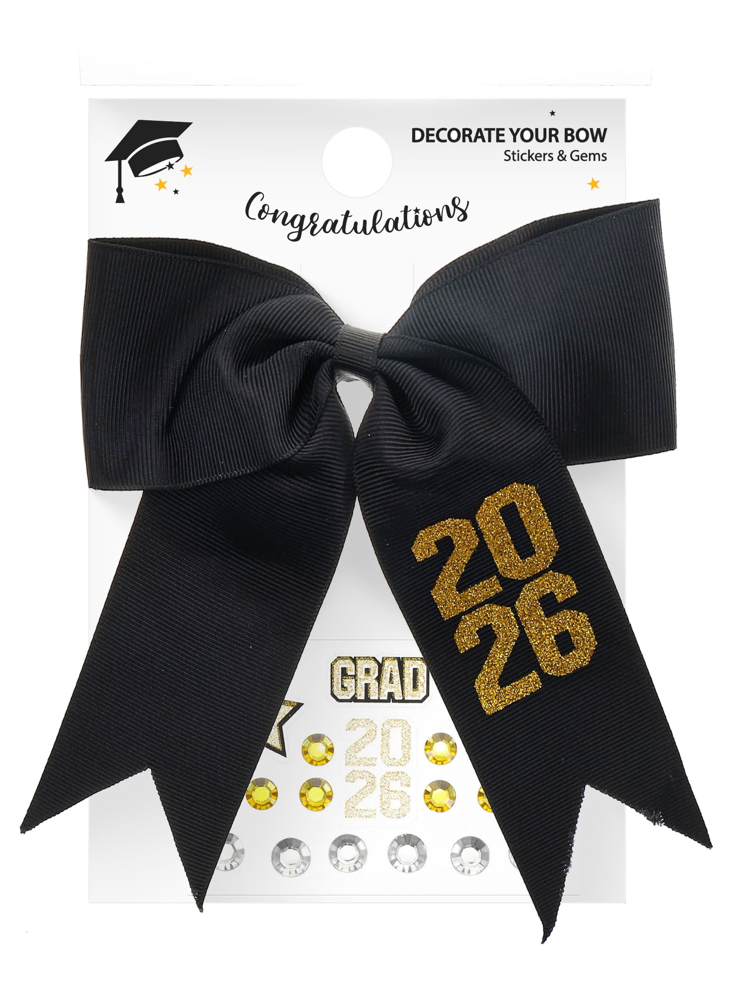 Graduation 2026 Customizable Hair Bow with Sticker Sheet, Black, 2 Piece