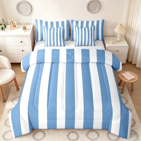 Manfei Classic Stripe Twin Bedding,Modern Geometric Bedding Comforter Set, Blue White, Reversible 7-Piece