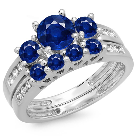 Dazzlingrock Collection 14K Round Blue Sapphire & White Diamond Ladies Bridal 3 Stone Engagement Ring Set, White Gold, Size 8.5