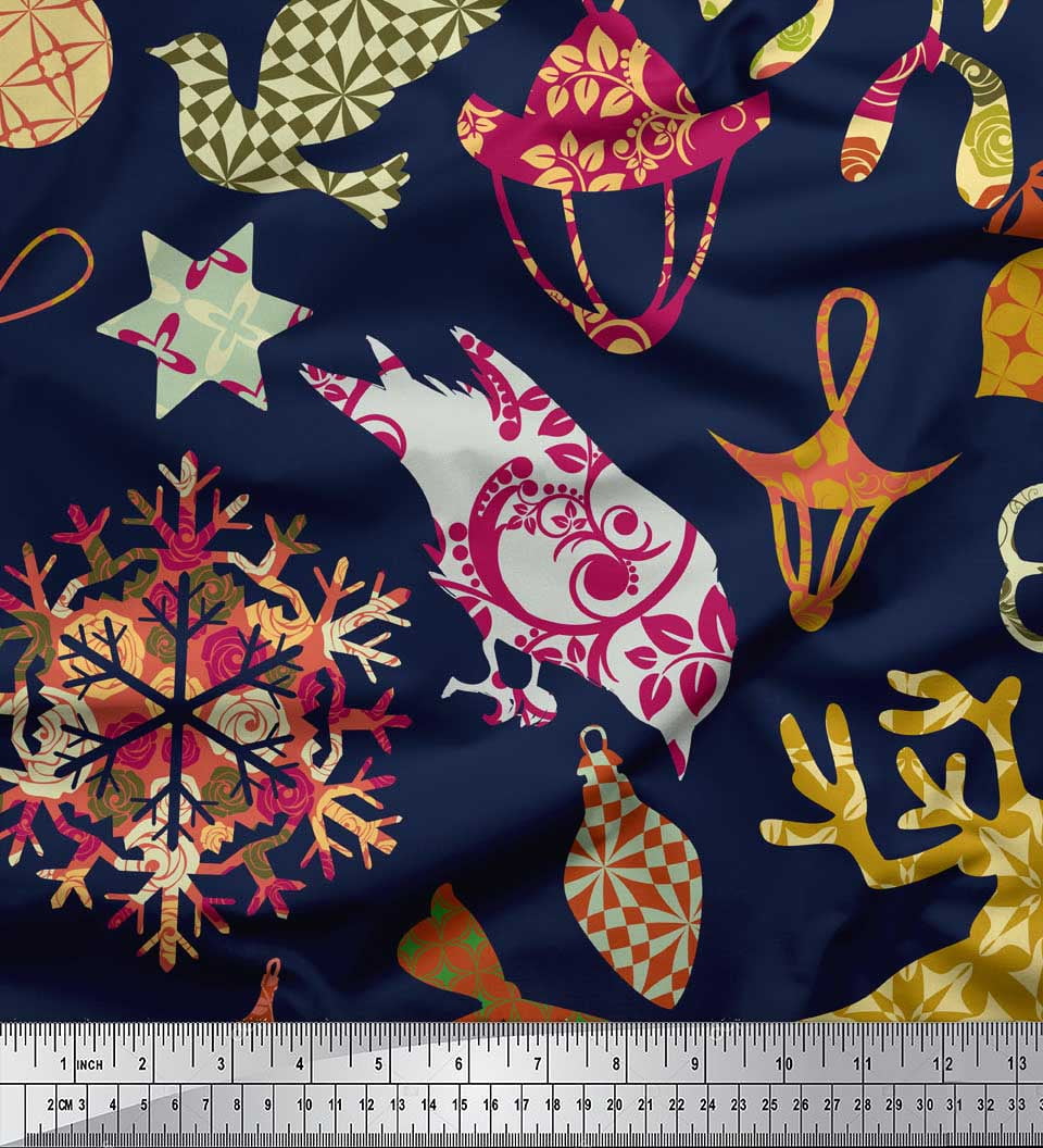 Soimoi Blue Poly Georgette Fabric Reindeer,Oranaments & Tree Christmas Decor Fabric Printed Yard 52 Inch Wide