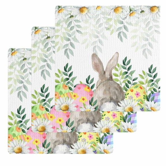 Easter Bunnies Kitchen Dish Towels for Drying Dishes Set of 3, Spring Eucalyptus Daisy Easter Eggs Waffle Weave Microfiber Hand Tea Bathroom Towels Quick Dry & Absorbent Towel 12x12