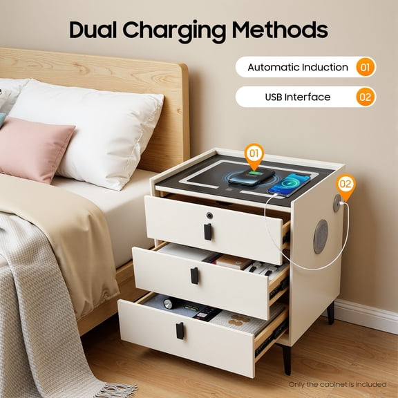 Beige White Color Bedside Side Table, USB and Wireless Charging Function Smart Bedside Table, Rectangular Smart Bedside Table with Drawers