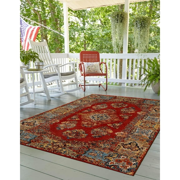 Unique Loom Outdoor Traditional Collection Area Rug - Classic (5' 3" x 8' Rectangle Antique Red/Beige)