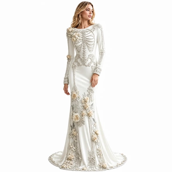 Womens Halloween Skeleton Costume Dress, Round Neck Long Sleeve Skeleton Print Maxi Dress Gothic Medieval Witch Costume for Party Cosplay, Halloween Skeleton Dress, Gothic Halloween Dress