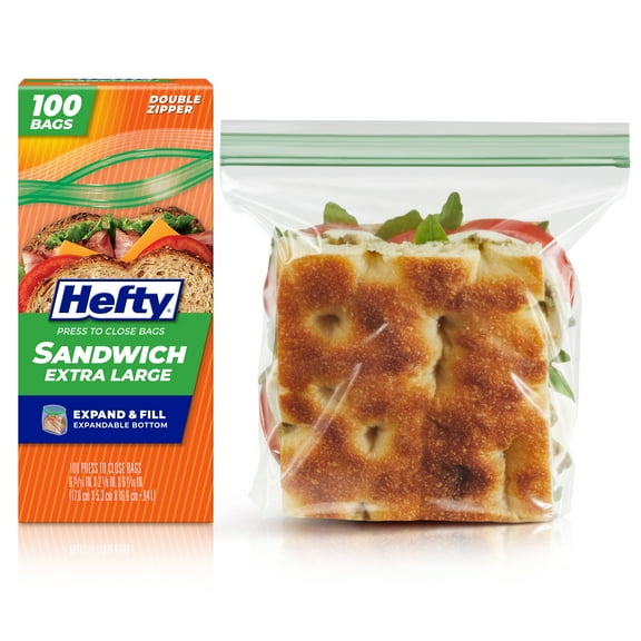 Hefty Press to Close Plastic Bags for Food Storage, XL Sandwich Size, 100 Count
