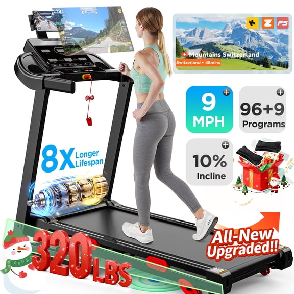 300LBS Capacity Folding Treadmill w/ Incline for Home, 3.75HP Portable Treadmill, 64 3 3 1 Program, Wide Shock Absorption Belt, Walking Running Exercise Machine