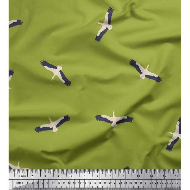 Soimoi Green Modal Satin Fabric Flying Stork Bird Decor Fabric Printed Yard 42 Inch Wide