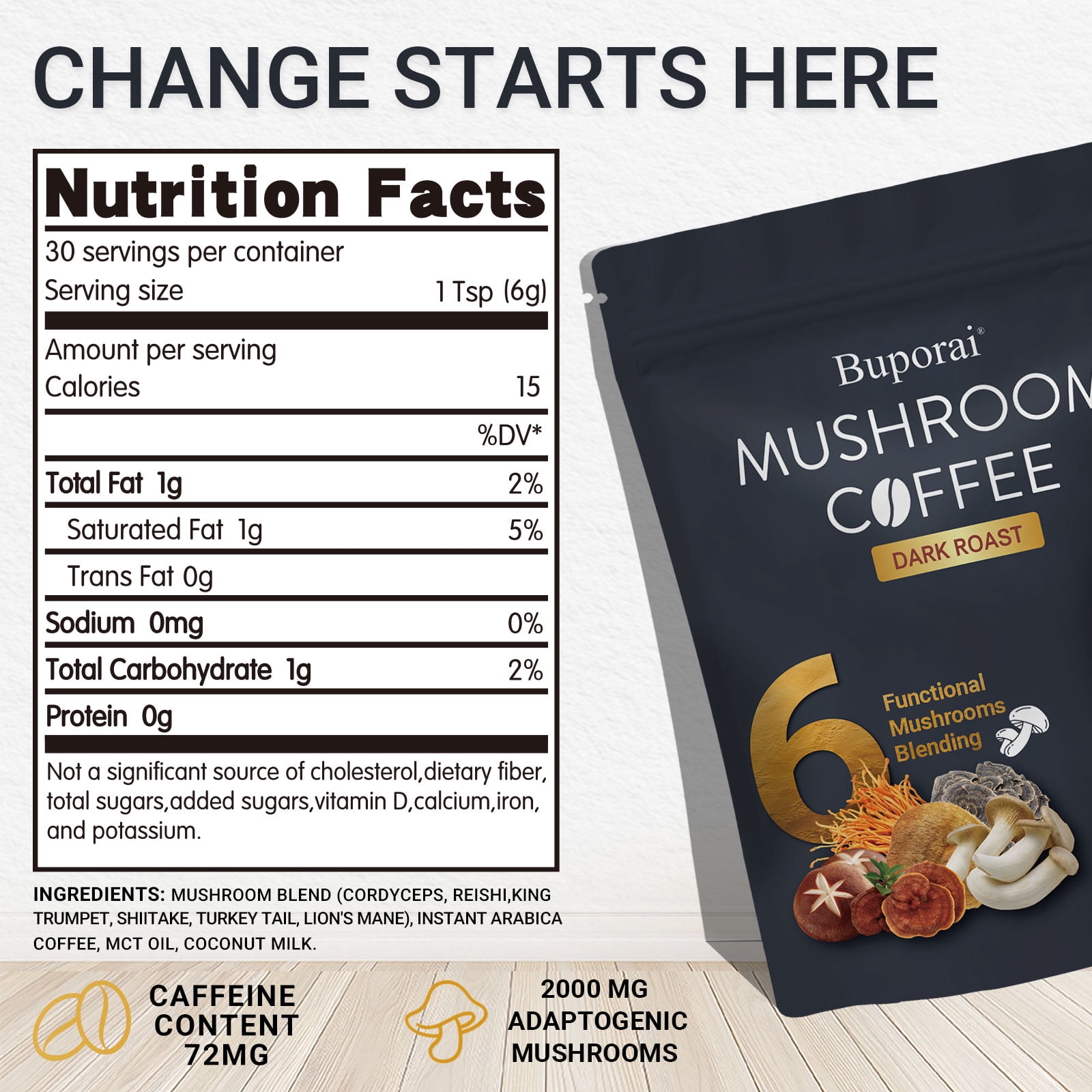 Mushroom Coffee Dark Roast - with 6 Mushrooms & Instant Coffee - Lion’s Mane, Cordyceps - for Energy, Focus, Digestion - 30 Servings
