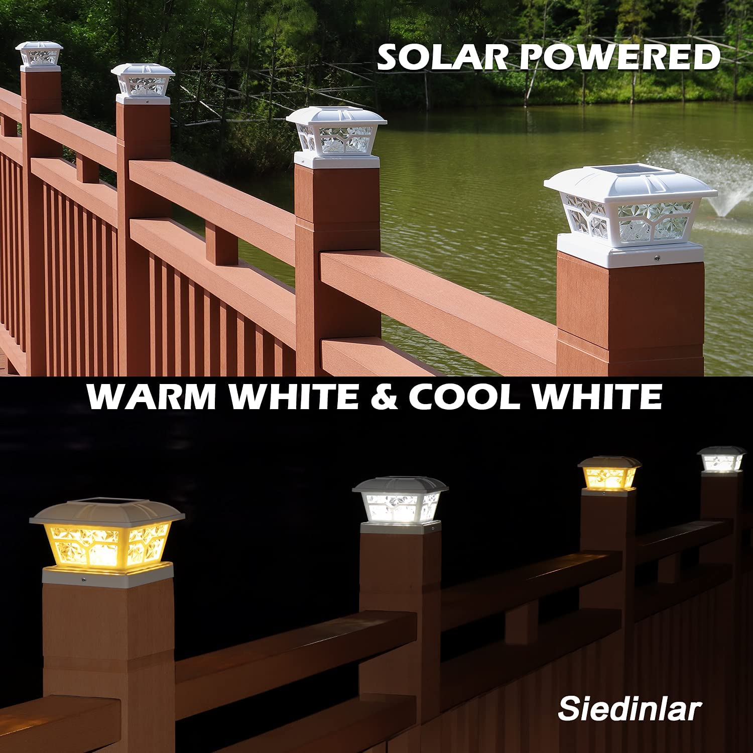 Siedinlar Solar Post Cap Lights Outdoor Color Modes LEDs for 4x4 5x5  6x6 Posts Fence Deck Patio Decoration Warm White  Cool White Lighting White  (4 Pack)