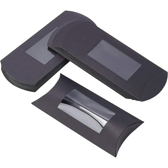 Kraft Paper Pillow Candy Box with Clear Window for Wedding Favors Baby Shower Birthday Party Supplies Black 18.5x7.8x0.8cm Fold: 16x7x2.7cm