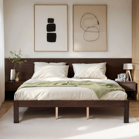 Queen Size Bed Frame, Solid Wood Platform with Wood Slat Support, No Box Spring Needed, Dark Walnut