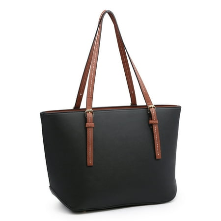 Top Loading Shoulder Bag - Handbags for Women, POPPY Laptop Tote Shoulder Bags PU Leather Top Handle Satchel Purse Lightweight Work Tote Bag for Women, Black
