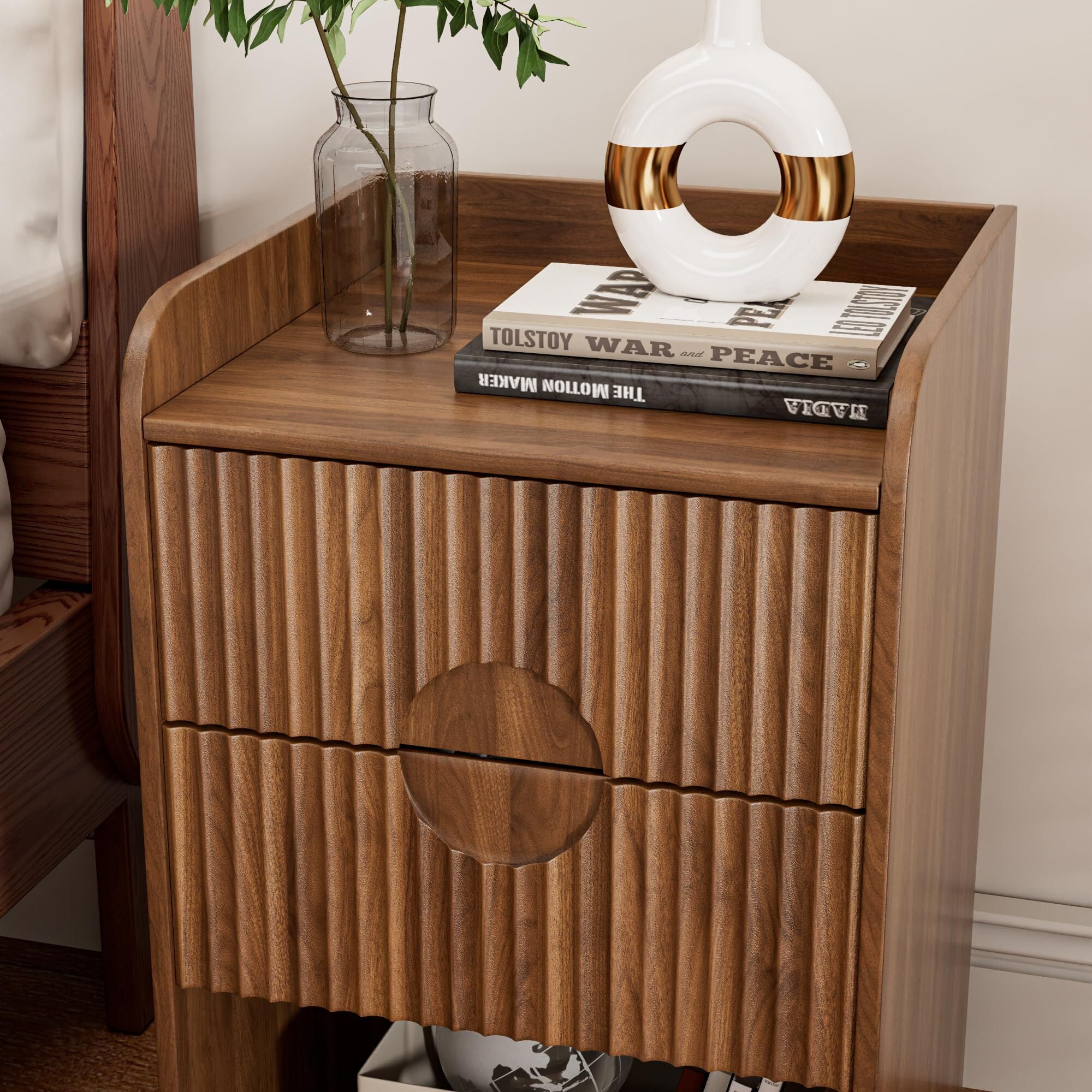 Fluted Nightstand Set of 2, Boho Wooden Bedside Tables with Storage, Mid Century Modern 2 Drawer End Tables, Walnut