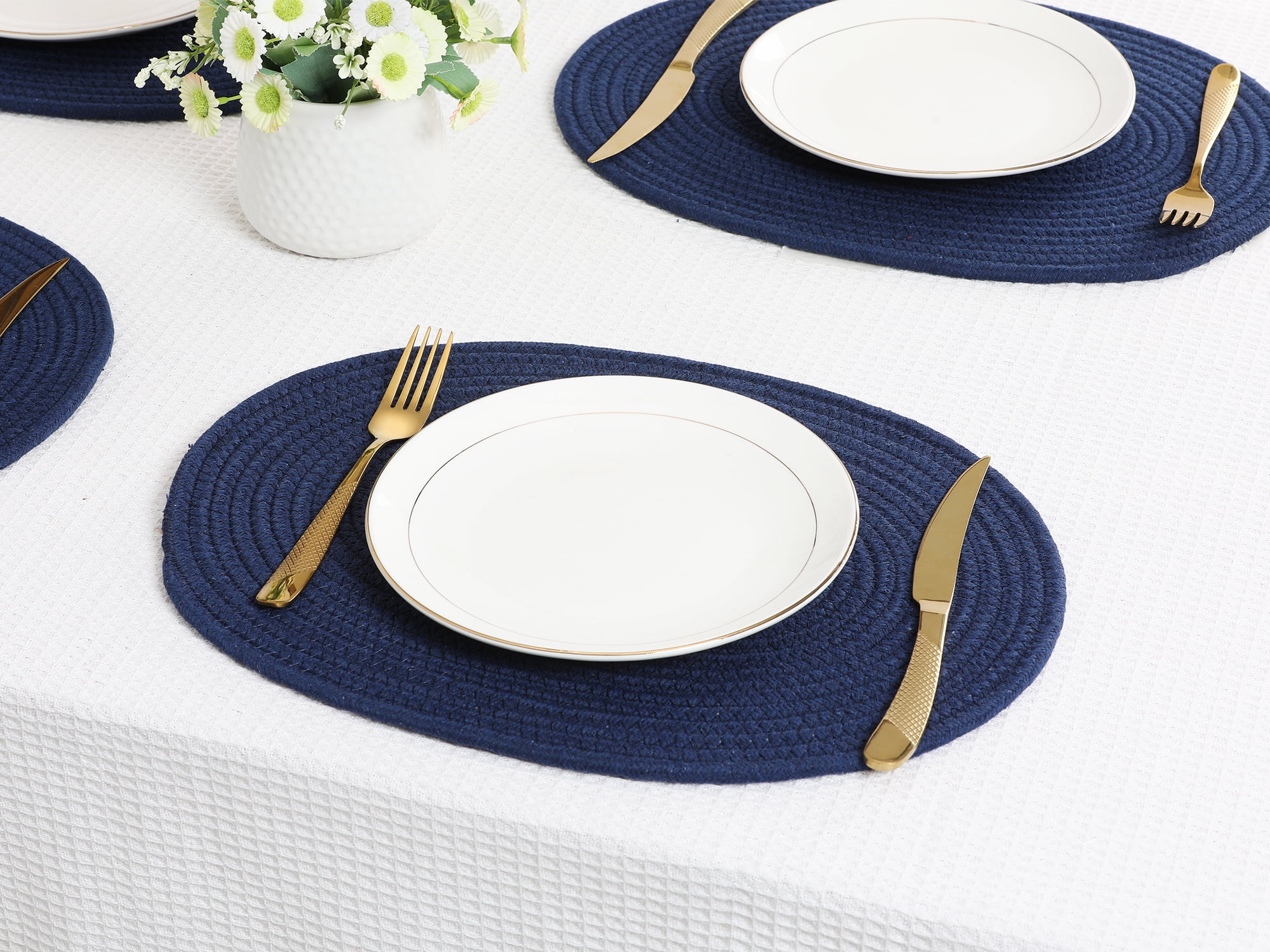 Unique Bargains Set of 4 Cotton Rope Placemats for Dining Table Decor Table Mat Navy Blue