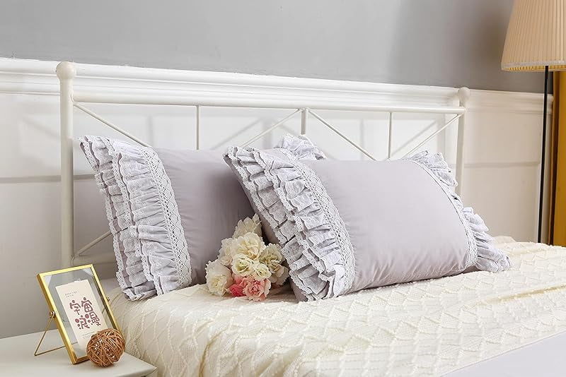 Gray Pillow Shams with Lace Ruffles Shabby Chic Cotton Queen Size Grey Pillowcases 20"x 30" 2-Pack