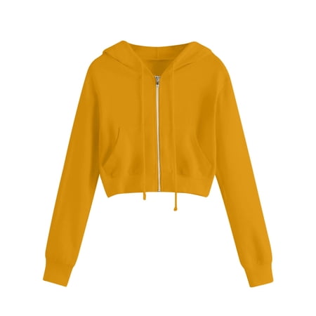 FYDUU Women s Cropped Zip Up Hoodies Casual Solid Color Long Sleeve Hooded Sweatshirt Coat With Pockets Casual Pullover Sweatshirt YE2