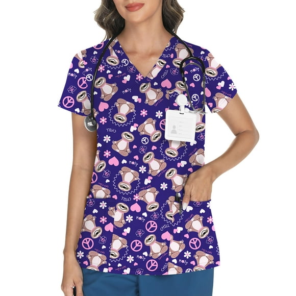 Scrub Tops LOMON con cuello en V y estampado de dibujos animados de animales con 3 bolsillos