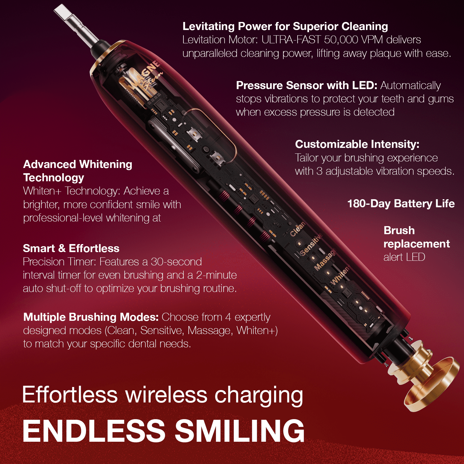 Wagner Stern IntelliBrush Series Whitening Electric Toothbrush with Pressure Sensor. Offers 4 Brushing Modes, 3 intensities, 8 Soft Brush Heads, and a Luxury Travel case.