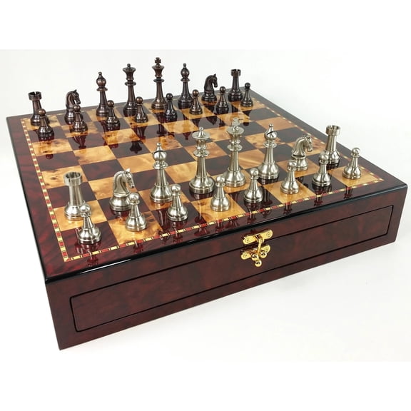 Brass Metal Bronze  Silver Classic Staunton Chess Set Cherry Color Storage Boar
