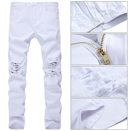 Men Stylish Ripped Jeans Pants Biker Classic Skinny Slim Straight Denim